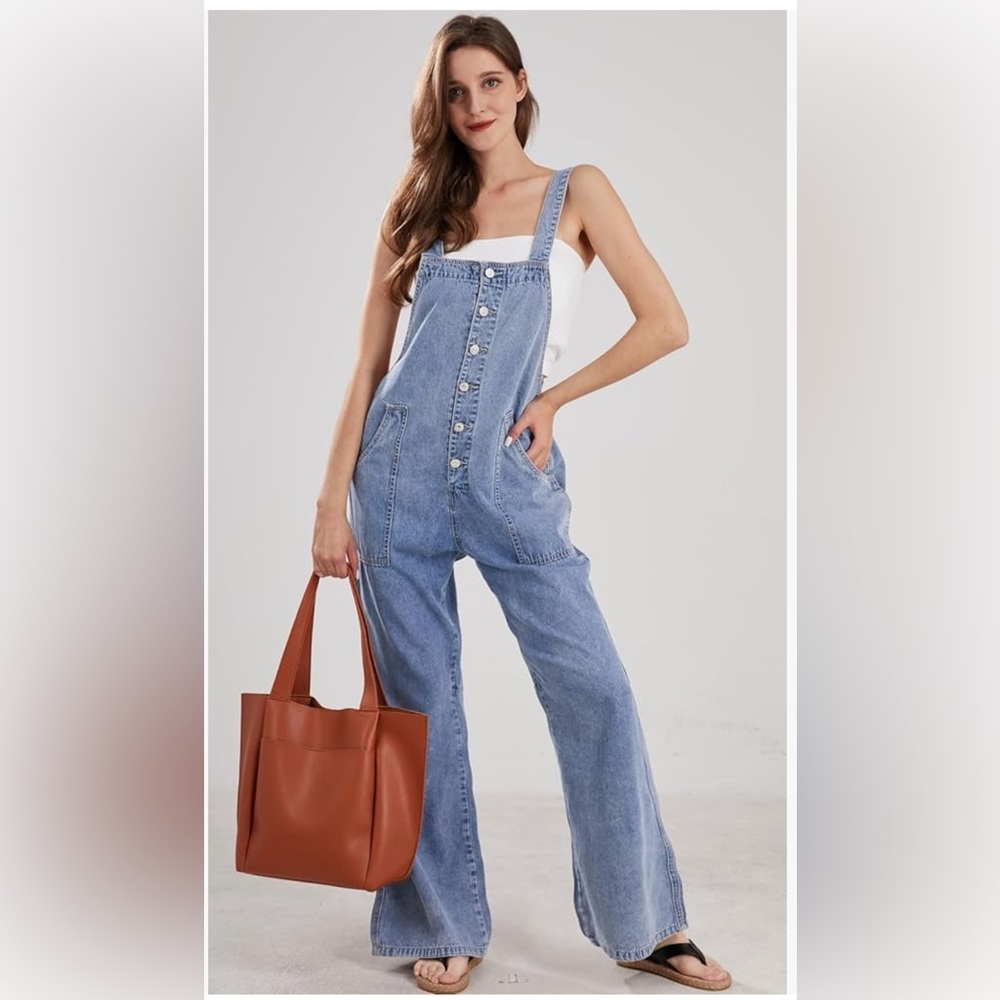 Anthropology Sincerely Jules Wide Leg Denim Button up Blue Overalls
